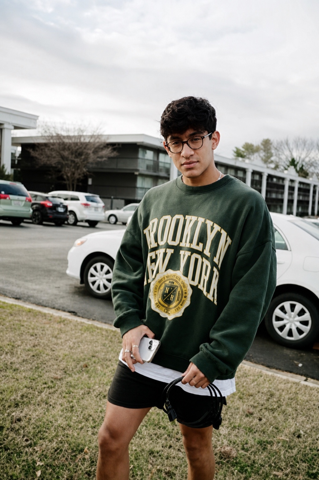 Otto wearing a Brooklyn sweatshirt outdoors